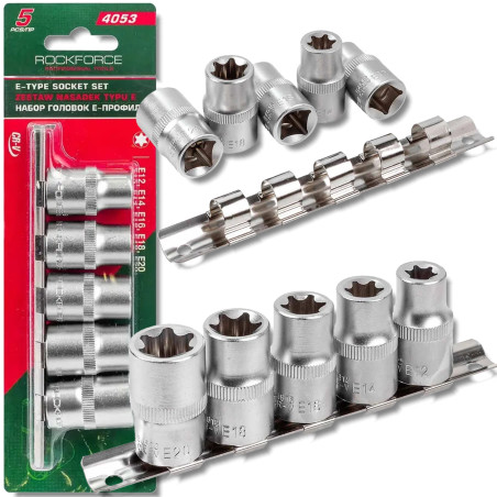 ROCKFORCE Zestaw NASADEK 1/2" profil E komplet 5 ELEMENTÓW stal Cr-V listwa