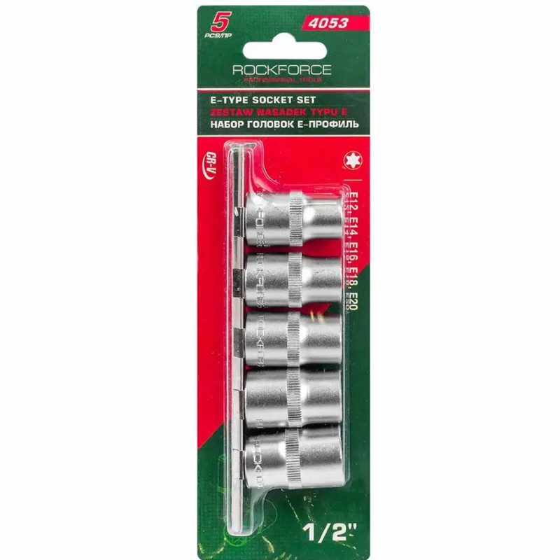 ROCKFORCE Zestaw NASADEK 1/2" profil E komplet 5 ELEMENTÓW stal Cr-V listwa