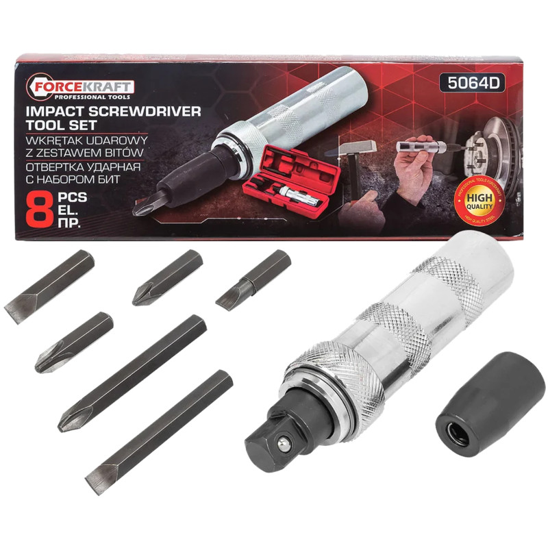 FORCEKRAFT Wkrętak UDAROWY 1/2" z ZESTAWEM bitów i ADAPTEREM 8 ELEMENTÓW