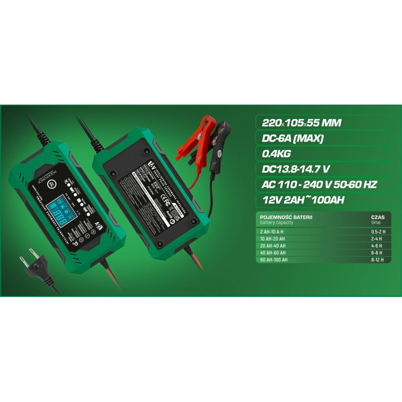 ROCKFORCE Prostownik ŁADOWARKA do AKUMULATORA samochodowego LCD 12V 6A