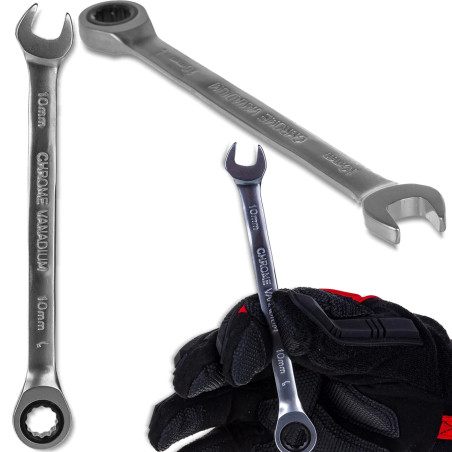 ROCKFORCE Klucz PŁASKO-OCZKOWY z GRZECHOTKĄ 10mm stal Cr-V