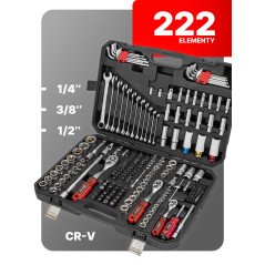 FORCEKRAFT Zestaw narzędzi 222 ELEMENTY stal CrV DUŻY komplet 1/4" 3/8" 1/2"