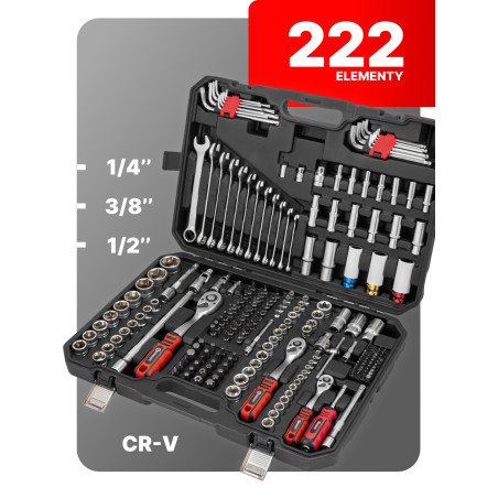 FORCEKRAFT Zestaw narzędzi 222 ELEMENTY stal CrV DUŻY komplet 1/4" 3/8" 1/2"