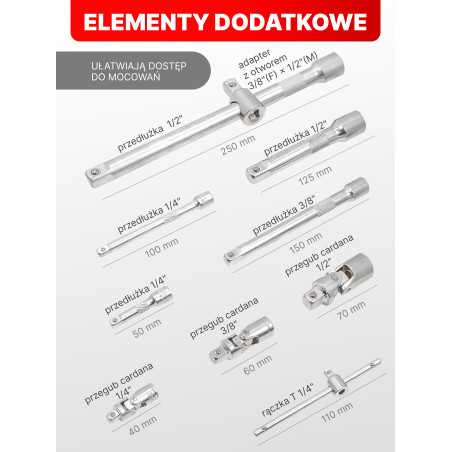 FORCEKRAFT Zestaw narzędzi 222 ELEMENTY stal CrV DUŻY komplet 1/4" 3/8" 1/2"