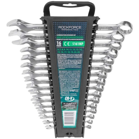 ROCKFORCE Zestaw kluczy płasko - oczkowych 16 elementów 6-19, 22, 24 mm