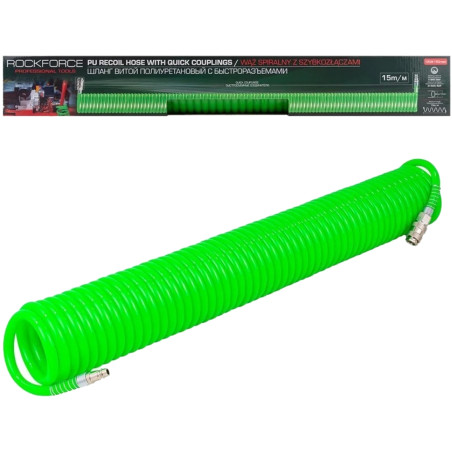ROCKFORCE Wąż SPIRALNY z SZYBKOZŁĄCZKAMI 8mm x 15m