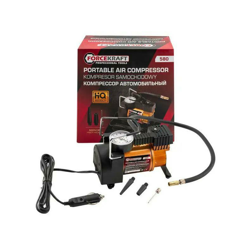 Kompresor samochodowy, sprężarka tłokowa 12V (30l/min, 3 końcówki) FK-580