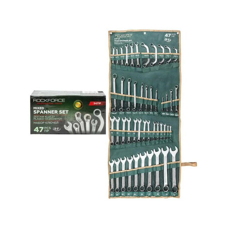 Zestaw kluczy płasko-oczkowych 47el. 6-32 mm na płachcie CrV Rockforce Zestaw kluczy płasko-oczkowych 47el. 6-32 mm na płachcie CrV Rockforce