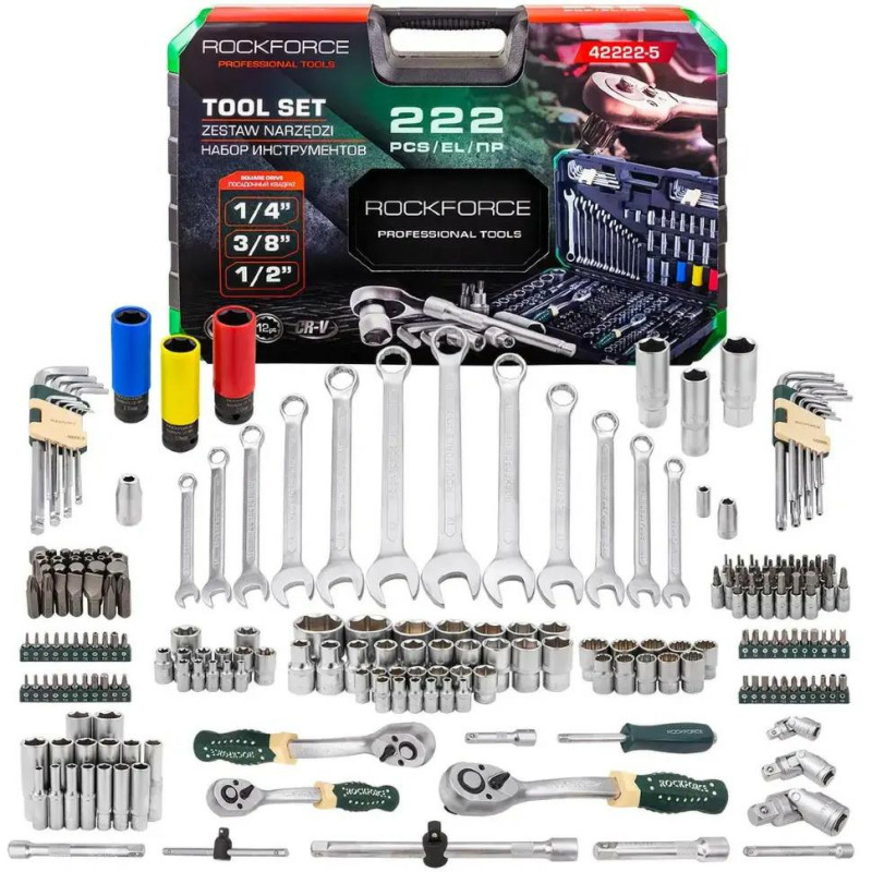 Zestaw narzędzi 222 el 1/4" 3/8" 1/2" 6 i 12-kąt 4-32mm w Walizce Rockforce
