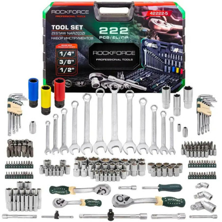 Zestaw narzędzi 222 el 1/4" 3/8" 1/2" 6 i 12-kąt 4-32mm w Walizce Rockforce