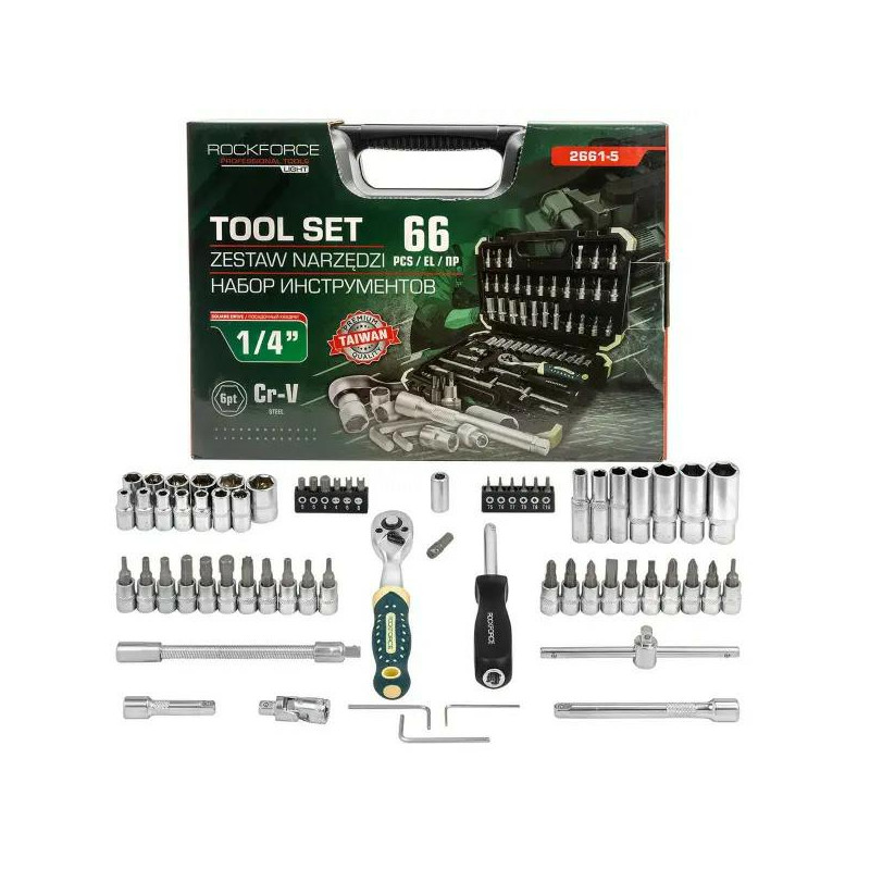 Zestaw narzędzi 1/4" 66el. 6-kąt 4-14 mm Grzechotka nasadki bity Rockforce