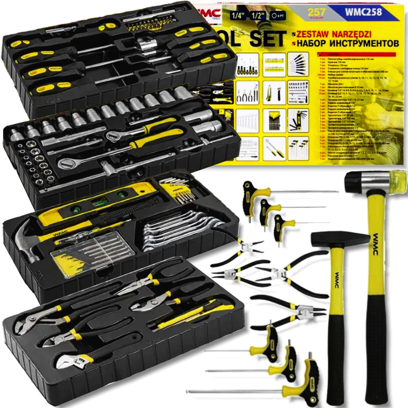 WMC Duży Zestaw NARZĘDZI 257 ELEMENTÓW klucze NASADKI grzechotka WKRĘTAKI
