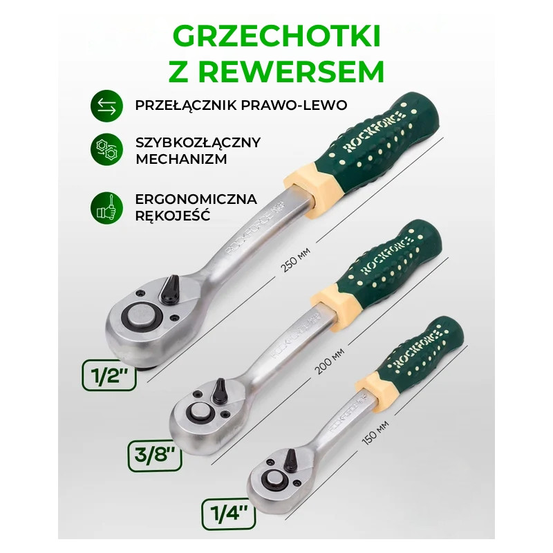 Zestaw narzędzi 222 el 1/4" 3/8" 1/2" 6 i 12-kąt 4-32mm w Walizce Rockforce