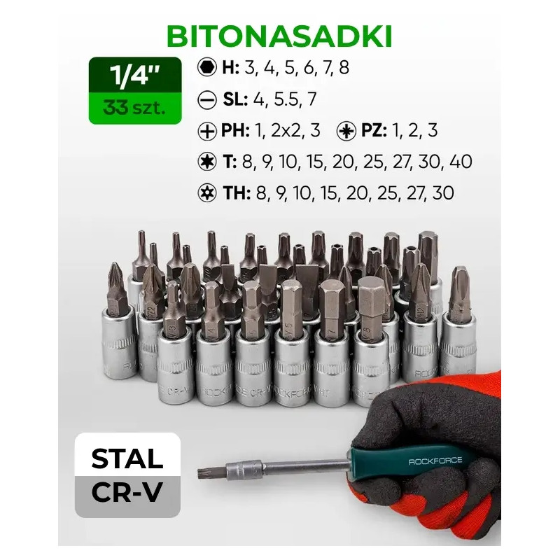 Zestaw narzędzi 222 el 1/4" 3/8" 1/2" 6 i 12-kąt 4-32mm w Walizce Rockforce