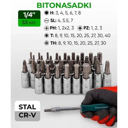 Zestaw narzędzi 222 el 1/4" 3/8" 1/2" 6 i 12-kąt 4-32mm w Walizce Rockforce