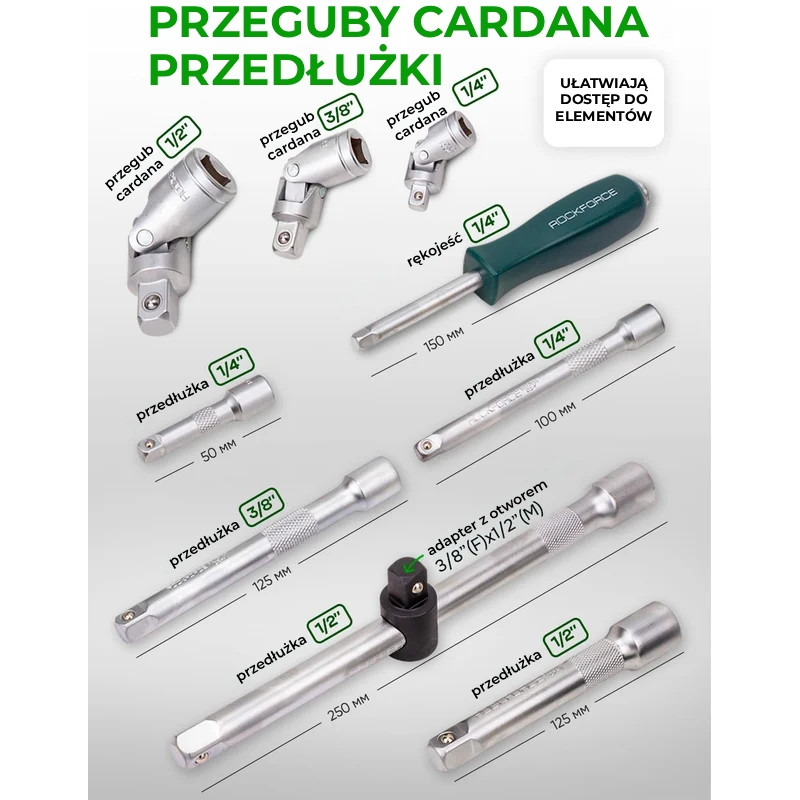 Zestaw narzędzi 222 el 1/4" 3/8" 1/2" 6 i 12-kąt 4-32mm w Walizce Rockforce