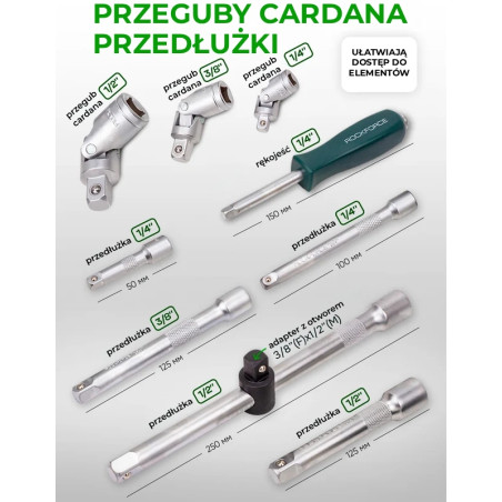 Zestaw narzędzi 222 el 1/4" 3/8" 1/2" 6 i 12-kąt 4-32mm w Walizce Rockforce