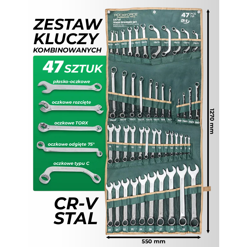 Zestaw kluczy płasko-oczkowych 47el. 6-32 mm na płachcie CrV Rockforce