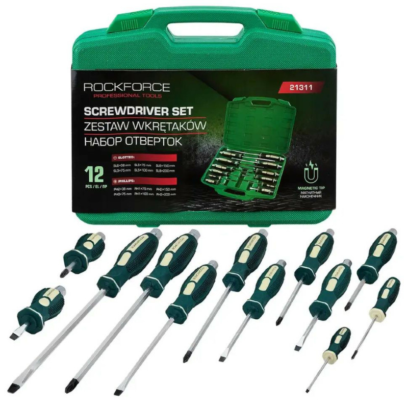 Zestaw 12 wkrętaków śrubokrętów do podbijania udarowe magnetyczna końcówka Rockforce