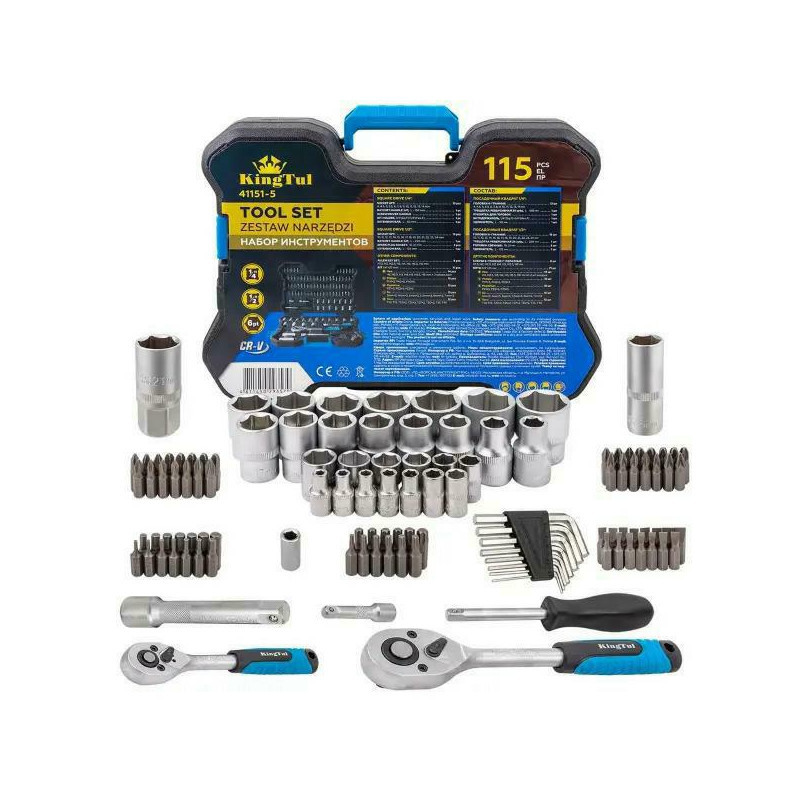 Zestaw narzędzi kluczy nasadowych 115el. 1/4" 1/2" 6-kątnych stal Cr-V