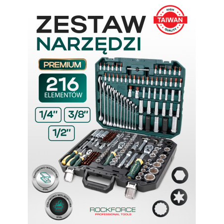 Zestaw 216 narzędzi 1/4" 1/2" 3/8" kluczy nasadek bity walizka Rockforce