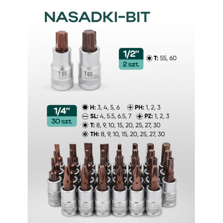 Zestaw 216 narzędzi 1/4" 1/2" 3/8" kluczy nasadek bity walizka Rockforce