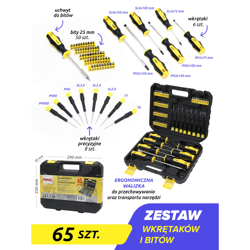 Zestaw 65 wkrętaków bitów z magnesem śrubokrętów CrV WMC