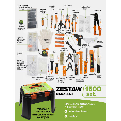 Zestaw narzędzi 1500 el, Uniwersalny Skrzynka narzędziowa Stołek 3 w 1