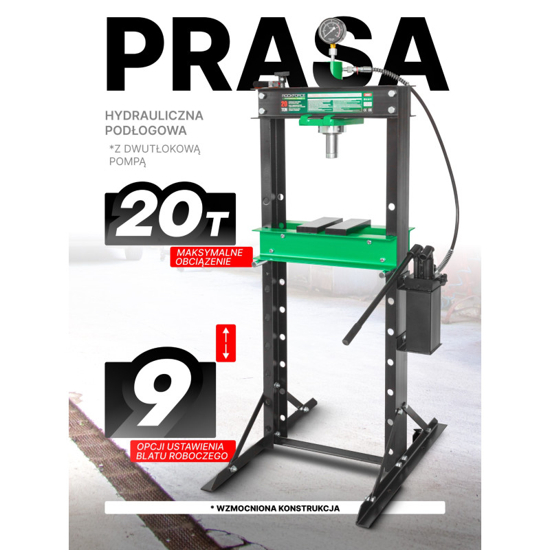 Prasa Hydrauliczna warsztatowa 20T + pryzmy Pompa z manometrem Rockforce