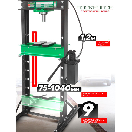Prasa Hydrauliczna warsztatowa 20T + pryzmy Pompa z manometrem Rockforce