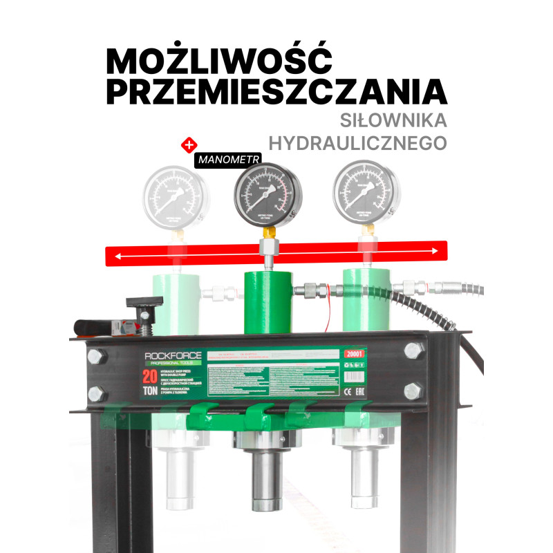 Prasa Hydrauliczna warsztatowa 20T + pryzmy Pompa z manometrem Rockforce