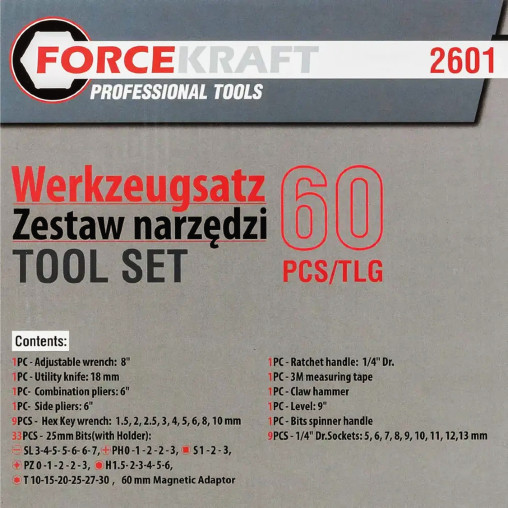 FORCEKRAFT Duży ZESTAW Narzędziowy 60 ELEMENTÓW nasadki BITY szczypce