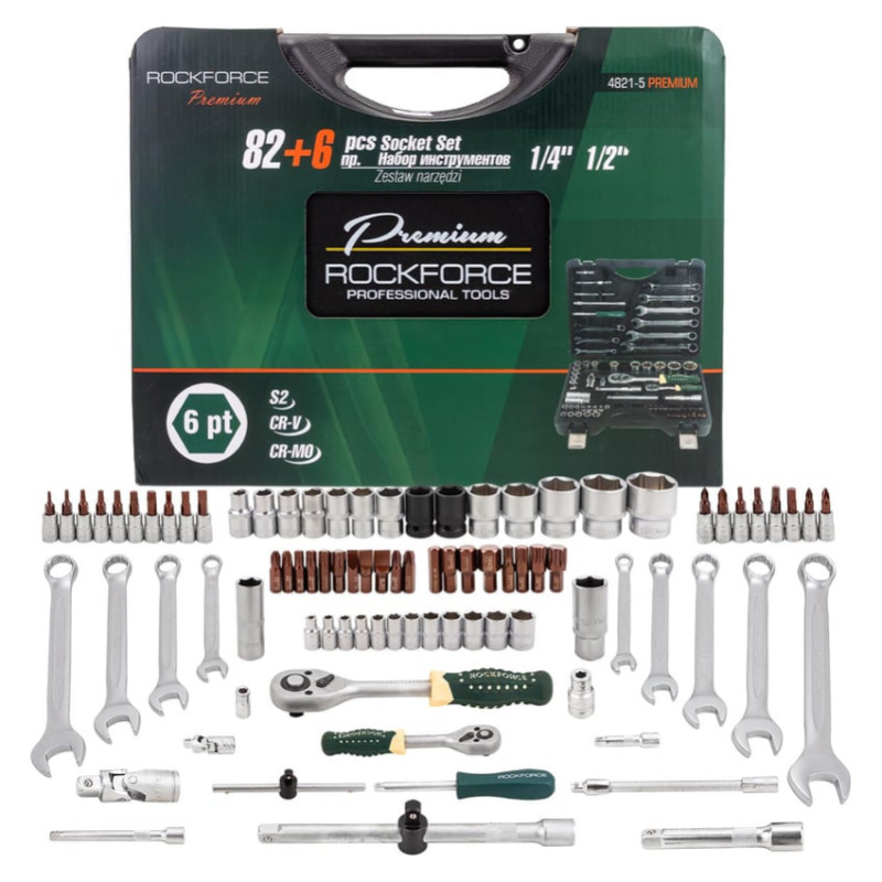 Zestaw narzędzi 1/4 1/2" 6-kąt. 88el. nasadki klucze bity Premium Rockforce