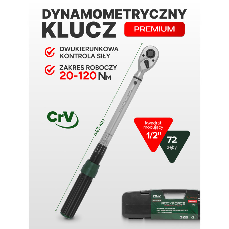 Klucz dynamometryczny 1/2" 20-120 Nm Dwustronny z blokadą CRV Rockforce