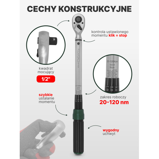 Klucz dynamometryczny 1/2" 20-120 Nm Dwustronny z blokadą CRV Rockforce