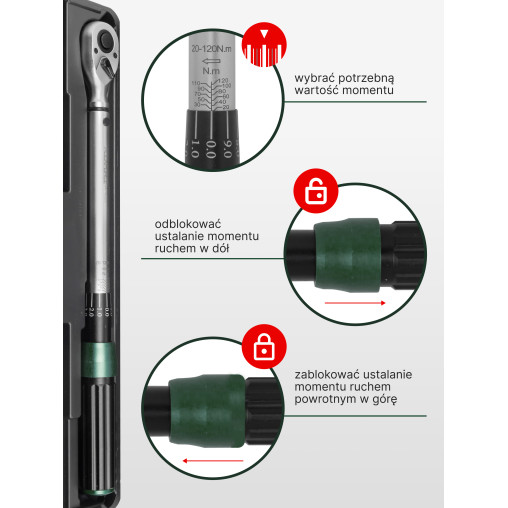 Klucz dynamometryczny 1/2" 20-120 Nm Dwustronny z blokadą CRV Rockforce