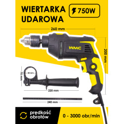 Wiertarka udarowa 750W Wiertła Bity Walizka 96el