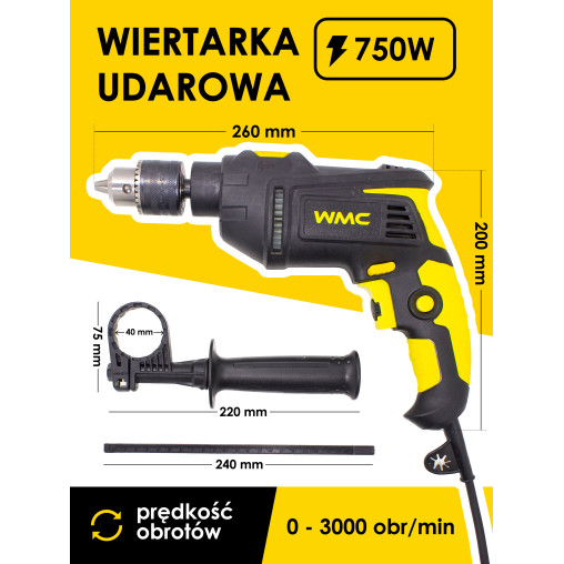 Wiertarka udarowa 750W Wiertła Bity Walizka 96el