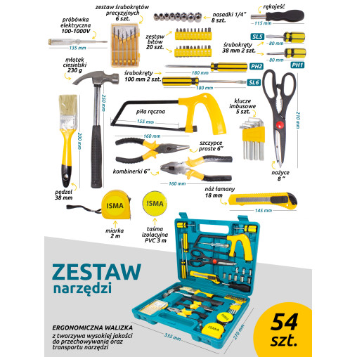 Zestaw narzędzi 54 el, wkrętaków nasadek 1/4" 5-13 mm szczypce imbusy