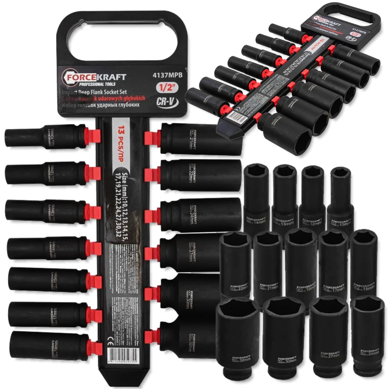 FORCKRAFT Zestaw NASADEK udarowych DŁUGICH 1/2" 10-32mm 13 ELEMENTÓW 6-kąt