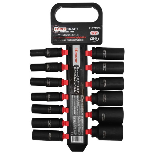 FORCKRAFT Zestaw NASADEK udarowych DŁUGICH 1/2" 10-32mm 13 ELEMENTÓW 6-kąt