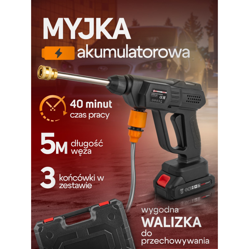 Myjka ciśnieniowa akumulatorowa 15bar 3tryby 21V do okien kostki Forcekraft