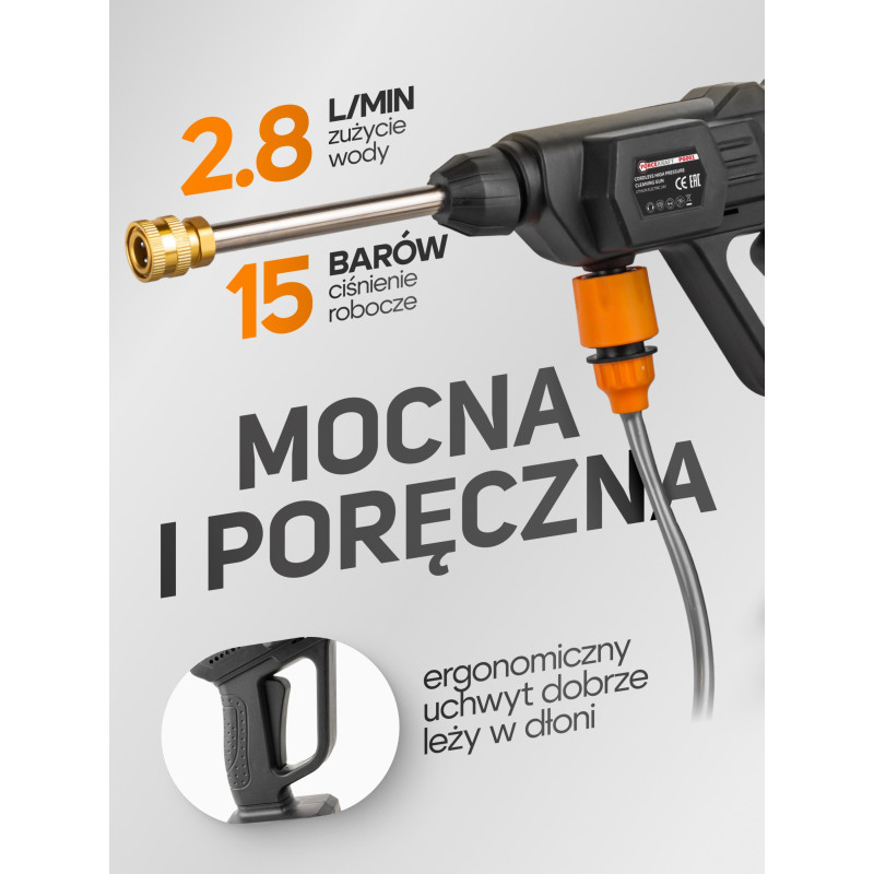 Myjka ciśnieniowa akumulatorowa 15bar 3tryby 21V do okien kostki Forcekraft