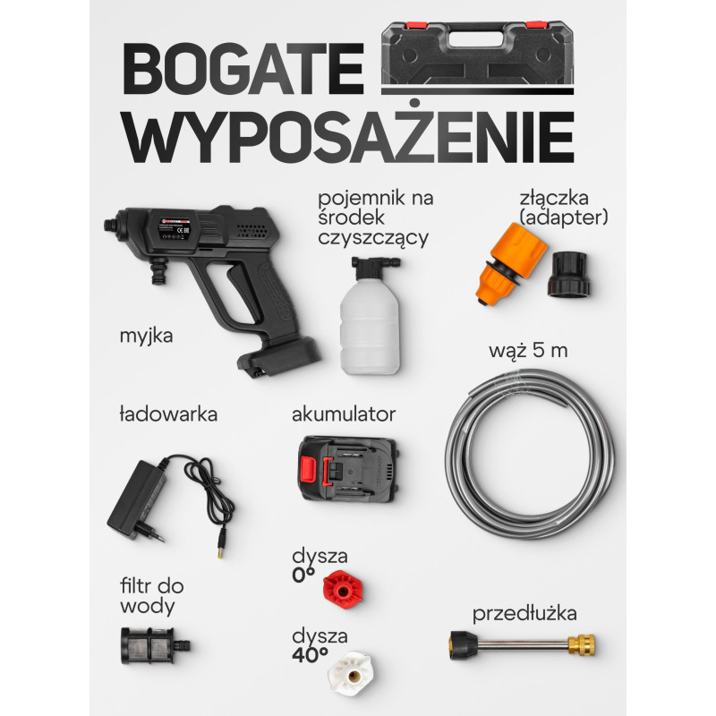 Myjka ciśnieniowa akumulatorowa 15bar 3tryby 21V do okien kostki Forcekraft