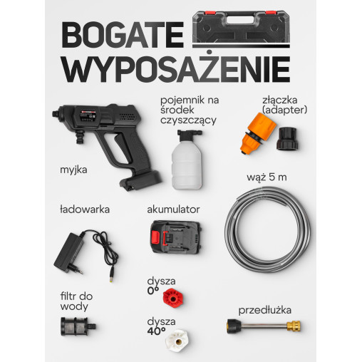 Myjka ciśnieniowa akumulatorowa 15bar 3tryby 21V do okien kostki Forcekraft