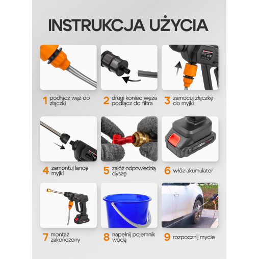 Myjka ciśnieniowa akumulatorowa 15bar 3tryby 21V do okien kostki Forcekraft