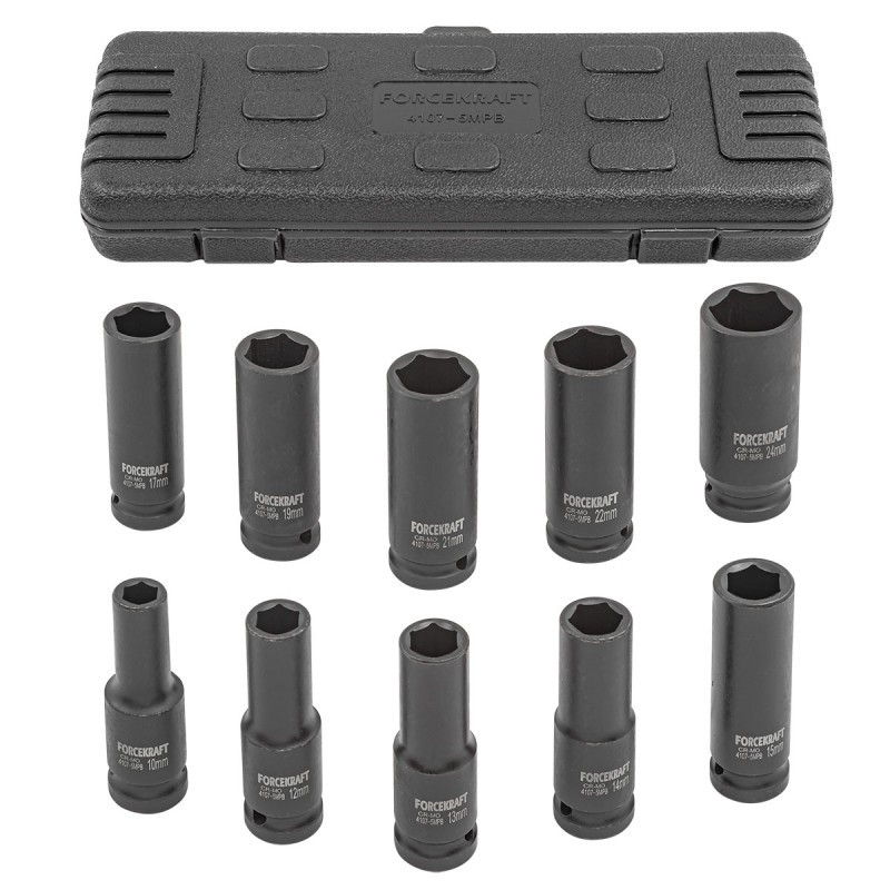 Zestaw 10 nasadek udarowych długich 1/2" 10-24mm 6-kątne walizka Forcekraft