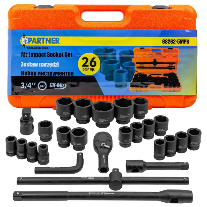 Klucze nasadowe udarowe  3/4'' 17-65mm 6-kątne 26el walizka