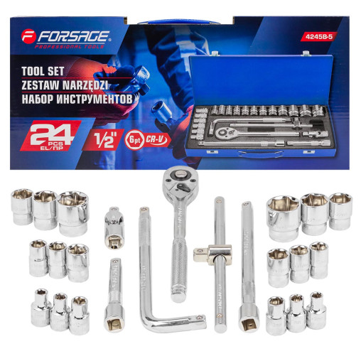Zestaw kluczy nasadowych Grzechotka nasadki 1/2" 8-32mm 6kąt 24el Forsage