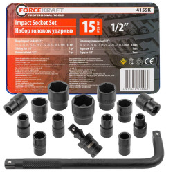 Zestaw nasadek udarowych 1/2" 10-32 mm 15 el. 6-kątne Cr-Mo Forcekraft